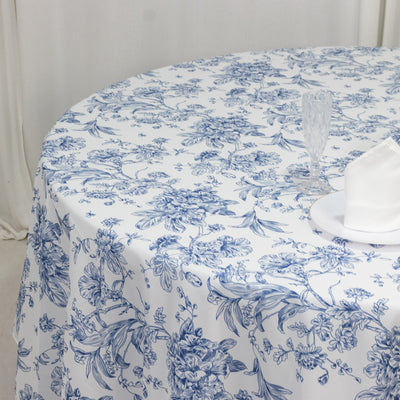 Polyester Round Tablecloth 108" White with Blue French Toile Pattern - Sophisticated Table Cover for Chic Weddings & Events