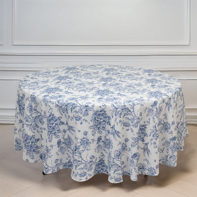 Polyester Round Tablecloth 108" White with Blue French Toile Pattern - Sophisticated Table Cover for Chic Weddings & Events