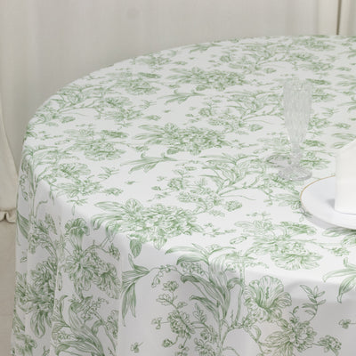 Polyester Round Tablecloth 108" White with Dusty Sage Green French Toile Pattern - Sophisticated Table Cover for Chic Weddings & Events