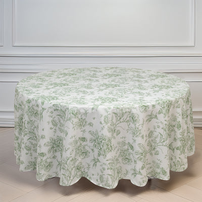 Polyester Round Tablecloth 108" White with Dusty Sage Green French Toile Pattern - Sophisticated Table Cover for Chic Weddings & Events