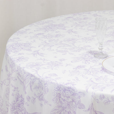 Polyester Round Tablecloth 108" White with Lavender Lilac French Toile Pattern - Sophisticated Table Cover for Chic Weddings & Events