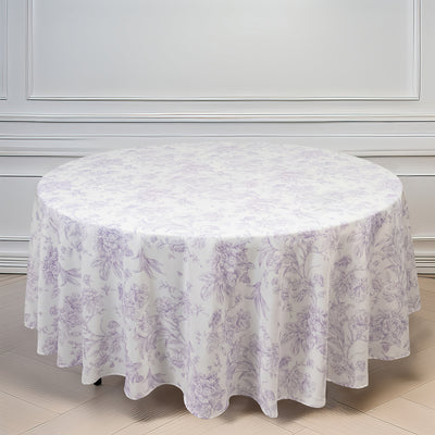 Polyester Round Tablecloth 108" White with Lavender Lilac French Toile Pattern - Sophisticated Table Cover for Chic Weddings & Events