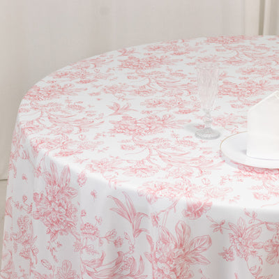 Polyester Round Tablecloth 108" White with Pink French Toile Pattern - Sophisticated Table Cover for Chic Weddings & Events