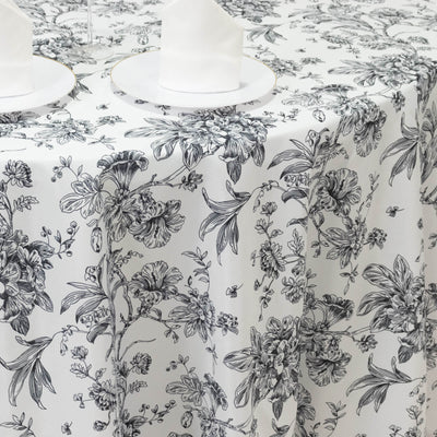 Polyester Round Tablecloth 120" White with Black French Toile Pattern - Sophisticated Table Cover for Chic Weddings & Events