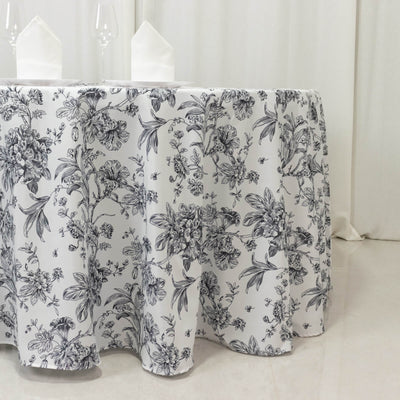Polyester Round Tablecloth 120" White with Black French Toile Pattern - Sophisticated Table Cover for Chic Weddings & Events