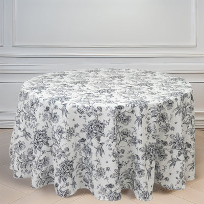 Polyester Round Tablecloth 120" White with Black French Toile Pattern - Sophisticated Table Cover for Chic Weddings & Events
