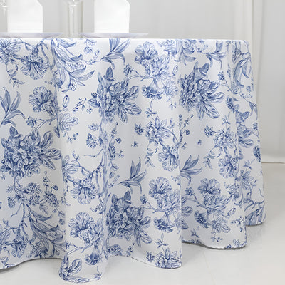 Polyester Round Tablecloth 120" White with Blue French Toile Pattern - Sophisticated Table Cover for Chic Weddings & Events