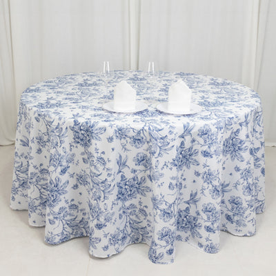 Polyester Round Tablecloth 120" White with Blue French Toile Pattern - Sophisticated Table Cover for Chic Weddings & Events