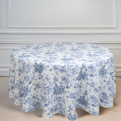 Polyester Round Tablecloth 120" White with Blue French Toile Pattern - Sophisticated Table Cover for Chic Weddings & Events