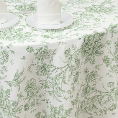 Polyester Round Tablecloth 120" White with Dusty Sage Green French Toile Pattern - Sophisticated Table Cover for Chic Weddings & Events