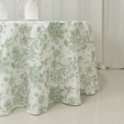 Polyester Round Tablecloth 120" White with Dusty Sage Green French Toile Pattern - Sophisticated Table Cover for Chic Weddings & Events