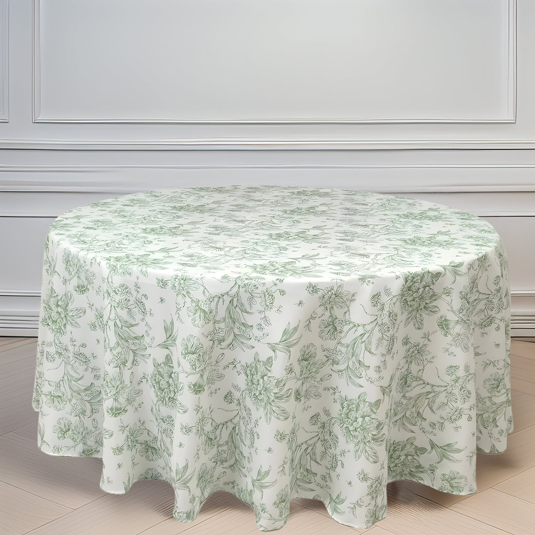 Polyester Round Tablecloth 120 White with Dusty Sage Green French Toile Pattern