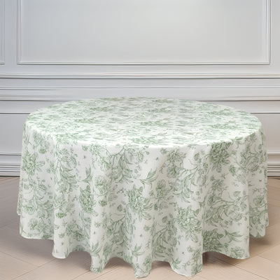 Polyester Round Tablecloth 120" White with Dusty Sage Green French Toile Pattern - Sophisticated Table Cover for Chic Weddings & Events