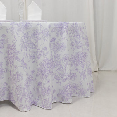 Polyester Round Tablecloth 120" White with Lavender Lilac French Toile Pattern - Sophisticated Table Cover for Chic Weddings & Events
