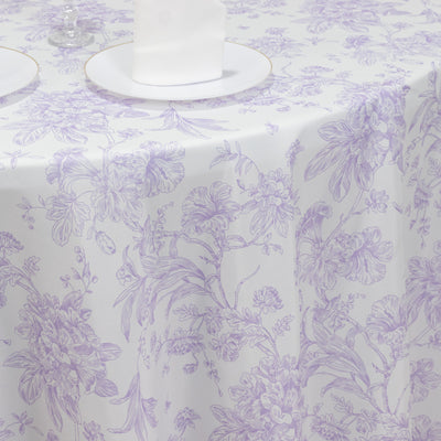 Polyester Round Tablecloth 120" White with Lavender Lilac French Toile Pattern - Sophisticated Table Cover for Chic Weddings & Events