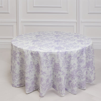 Polyester Round Tablecloth 120" White with Lavender Lilac French Toile Pattern - Sophisticated Table Cover for Chic Weddings & Events