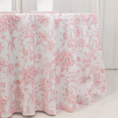 Polyester Round Tablecloth 120" White with Pink French Toile Pattern - Sophisticated Table Cover for Chic Weddings & Events