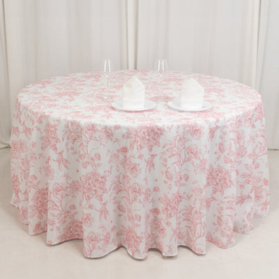 Polyester Round Tablecloth 120" White with Pink French Toile Pattern - Sophisticated Table Cover for Chic Weddings & Events