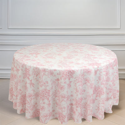Polyester Round Tablecloth 120" White with Pink French Toile Pattern - Sophisticated Table Cover for Chic Weddings & Events