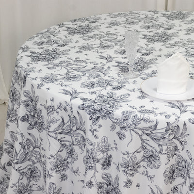 Polyester Round Tablecloth 132" White with Black French Toile Pattern - Sophisticated Table Cover for Chic Weddings & Events