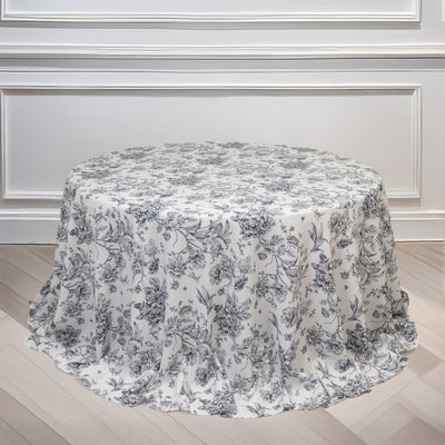 Polyester Round Tablecloth 132" White with Black French Toile Pattern - Sophisticated Table Cover for Chic Weddings & Events