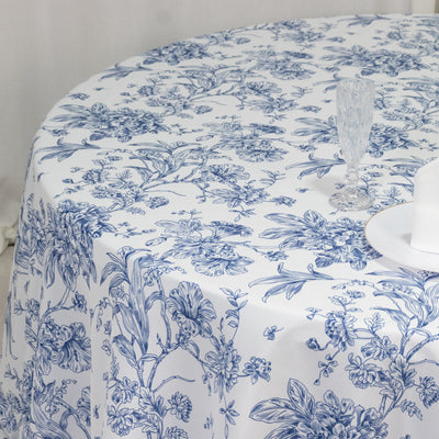 Polyester Round Tablecloth 132" White with Blue French Toile Pattern - Sophisticated Table Cover for Chic Weddings & Events