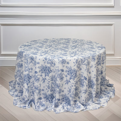 Polyester Round Tablecloth 132" White with Blue French Toile Pattern - Sophisticated Table Cover for Chic Weddings & Events