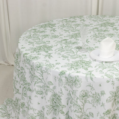 Polyester Round Tablecloth 132" White with Dusty Sage Green French Toile Pattern - Sophisticated Table Cover for Chic Weddings & Events