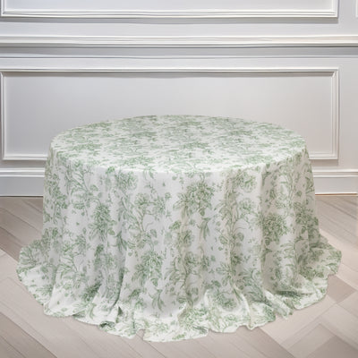 Polyester Round Tablecloth 132" White with Dusty Sage Green French Toile Pattern - Sophisticated Table Cover for Chic Weddings & Events