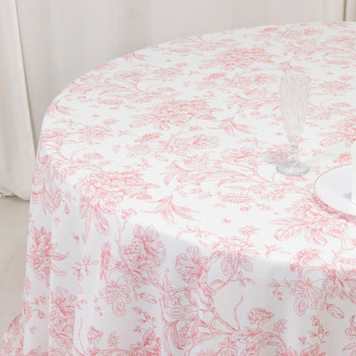 Polyester Round Tablecloth 132" White with Pink French Toile Pattern - Sophisticated Table Cover for Chic Weddings & Events