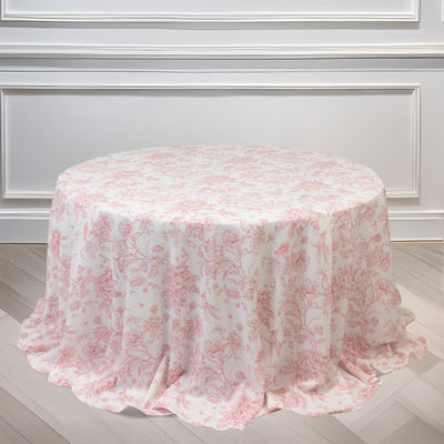 Polyester Round Tablecloth 132" White with Pink French Toile Pattern - Sophisticated Table Cover for Chic Weddings & Events