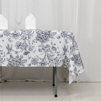 Polyester Rectangular Tablecloth 60"x102" White with Black French Toile Pattern - Sophisticated Table Cover for Chic Weddings & Events