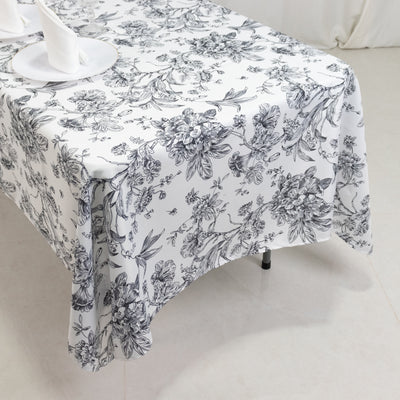 Polyester Rectangular Tablecloth 60"x102" White with Black French Toile Pattern - Sophisticated Table Cover for Chic Weddings & Events