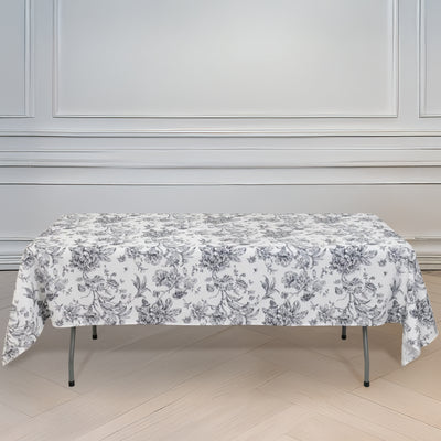 Polyester Rectangular Tablecloth 60"x102" White with Black French Toile Pattern - Sophisticated Table Cover for Chic Weddings & Events
