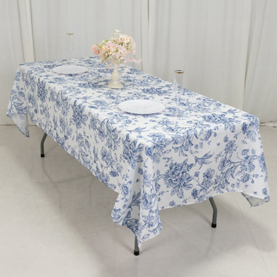 Polyester Rectangular Tablecloth 60"x102" White with Blue French Toile Pattern - Sophisticated Table Cover for Chic Weddings & Events