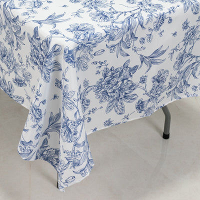 Polyester Rectangular Tablecloth 60"x102" White with Blue French Toile Pattern - Sophisticated Table Cover for Chic Weddings & Events