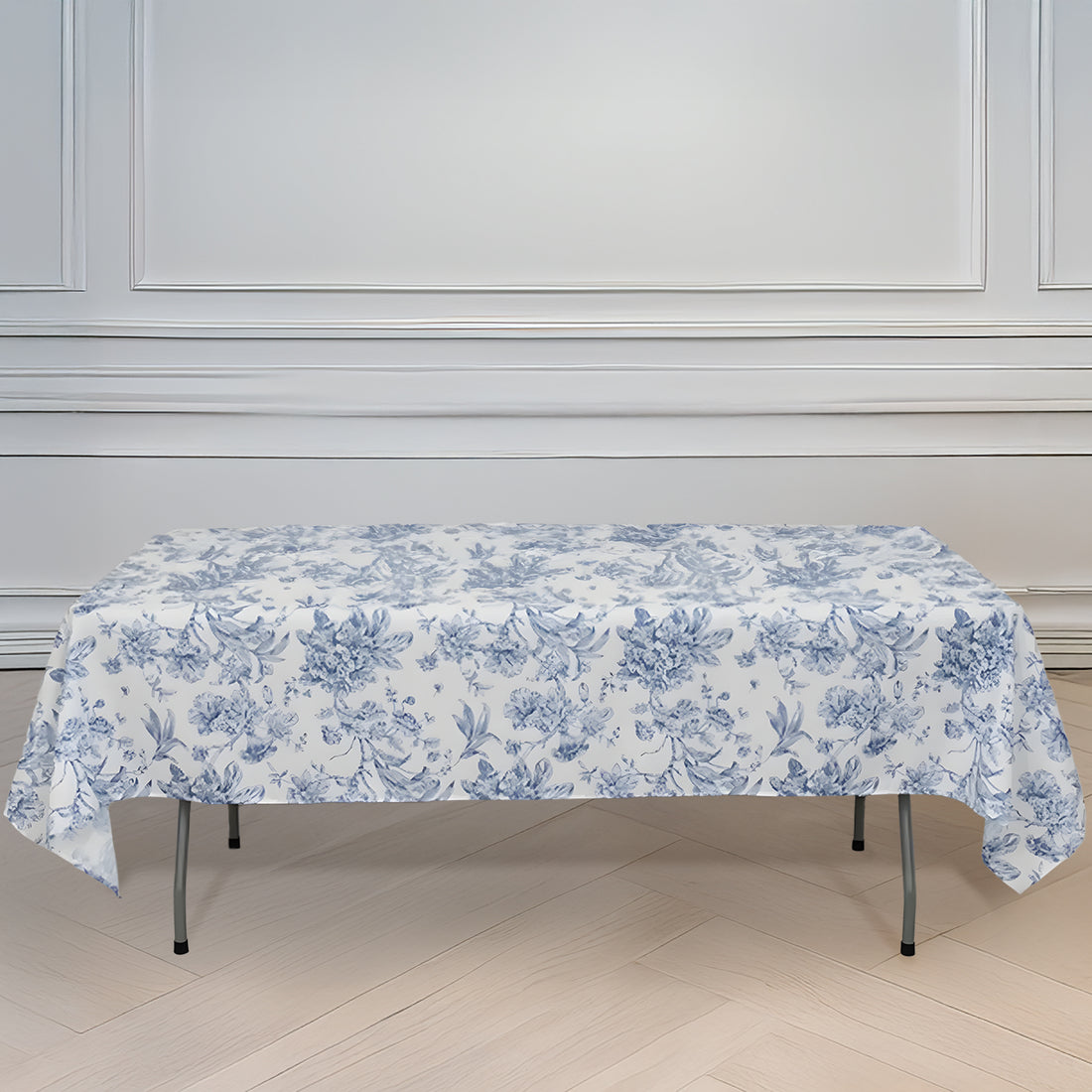 White Blue French Toile Polyester Tablecloth 60x102inch Floral Table Cloth for Dining Tables