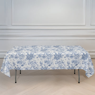 Polyester Rectangular Tablecloth 60"x102" White with Blue French Toile Pattern - Sophisticated Table Cover for Chic Weddings & Events