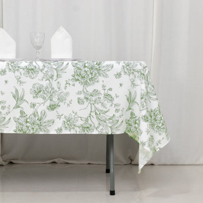 Polyester Rectangular Tablecloth 60"x102" White with Dusty Sage Green French Toile Pattern - Sophisticated Table Cover for Chic Weddings & Events