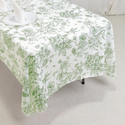 Polyester Rectangular Tablecloth 60"x102" White with Dusty Sage Green French Toile Pattern - Sophisticated Table Cover for Chic Weddings & Events