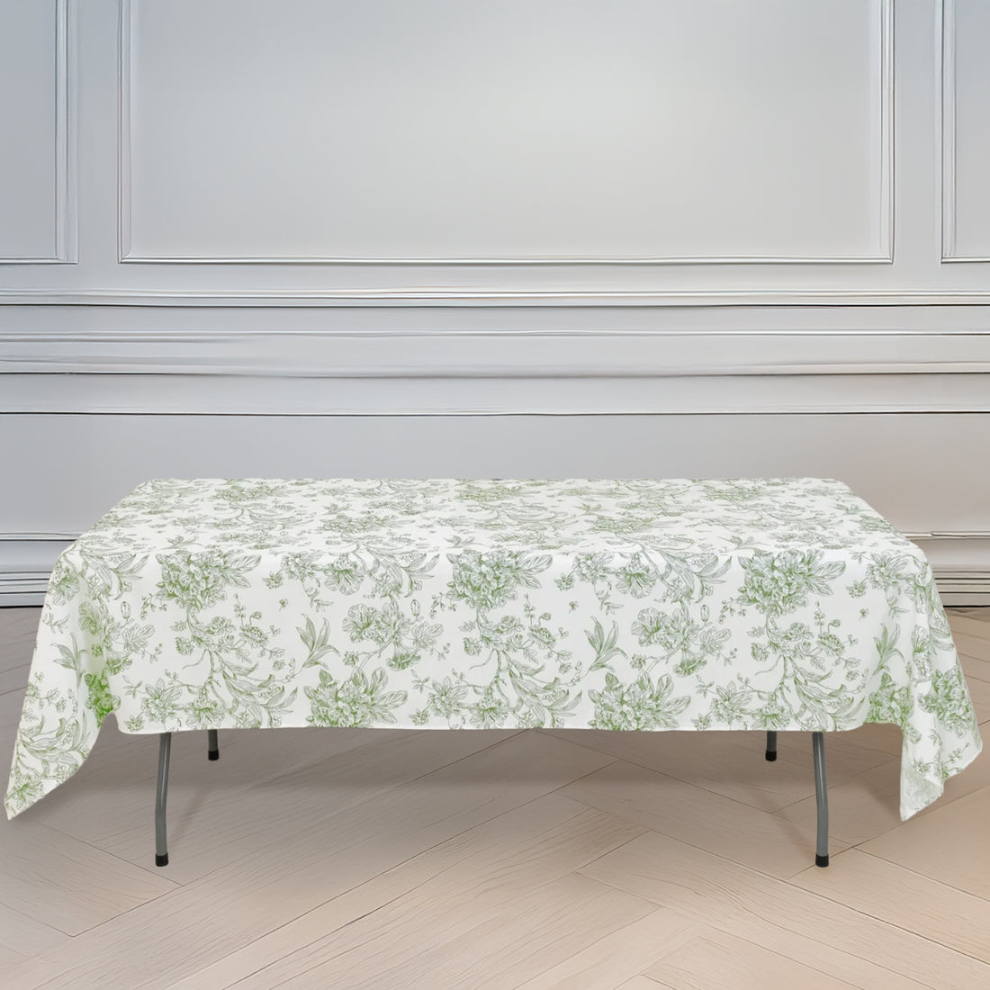 Polyester Rectangular Tablecloth 60x102inch White with Dusty Sage Green French Toile Pattern