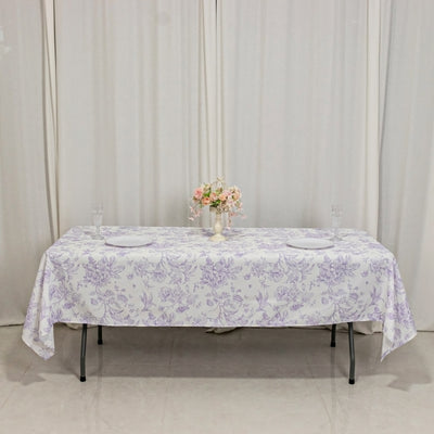 Polyester Rectangular Tablecloth 60"x102" White with Lavender Lilac French Toile Pattern - Sophisticated Table Cover for Chic Weddings & Events
