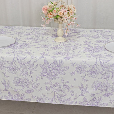 Polyester Rectangular Tablecloth 60"x102" White with Lavender Lilac French Toile Pattern - Sophisticated Table Cover for Chic Weddings & Events