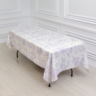 Polyester Rectangular Tablecloth 60"x102" White with Lavender Lilac French Toile Pattern - Sophisticated Table Cover for Chic Weddings & Events