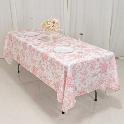 Polyester Rectangular Tablecloth 60"x102" White with Pink French Toile Pattern - Sophisticated Table Cover for Chic Weddings & Events