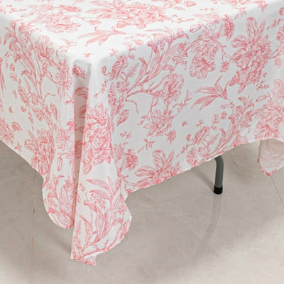 Polyester Rectangular Tablecloth 60"x102" White with Pink French Toile Pattern - Sophisticated Table Cover for Chic Weddings & Events