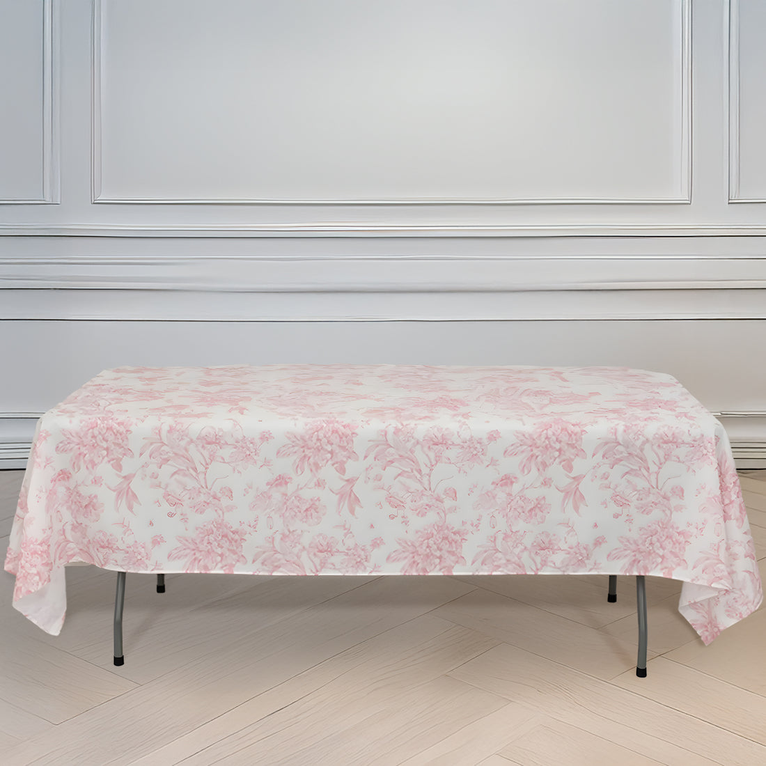 White Pink French Toile Polyester Tablecloth 60x102inch, Floral Table Cloth for Dining Tables