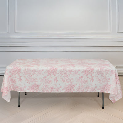 Polyester Rectangular Tablecloth 60"x102" White with Pink French Toile Pattern - Sophisticated Table Cover for Chic Weddings & Events