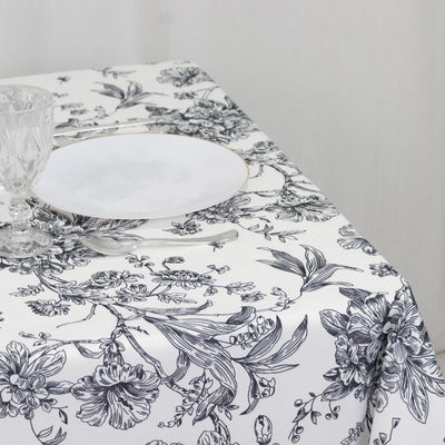 Polyester Square Tablecloth 70"x70" White with Black French Toile Pattern - Sophisticated Table Cover for Chic Weddings & Events