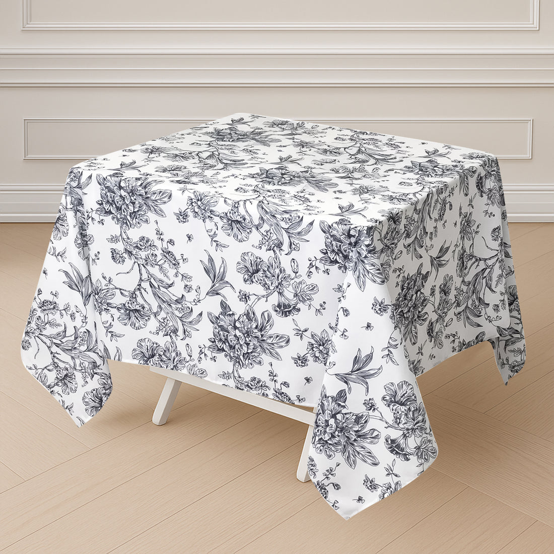 Polyester Square Tablecloth White with Black French Toile Pattern - Sophisticated Table Cover